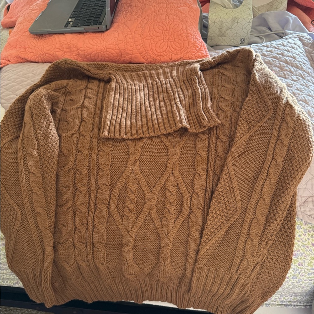 Cozy Brown Cable Knit Turtleneck Sweater NEW